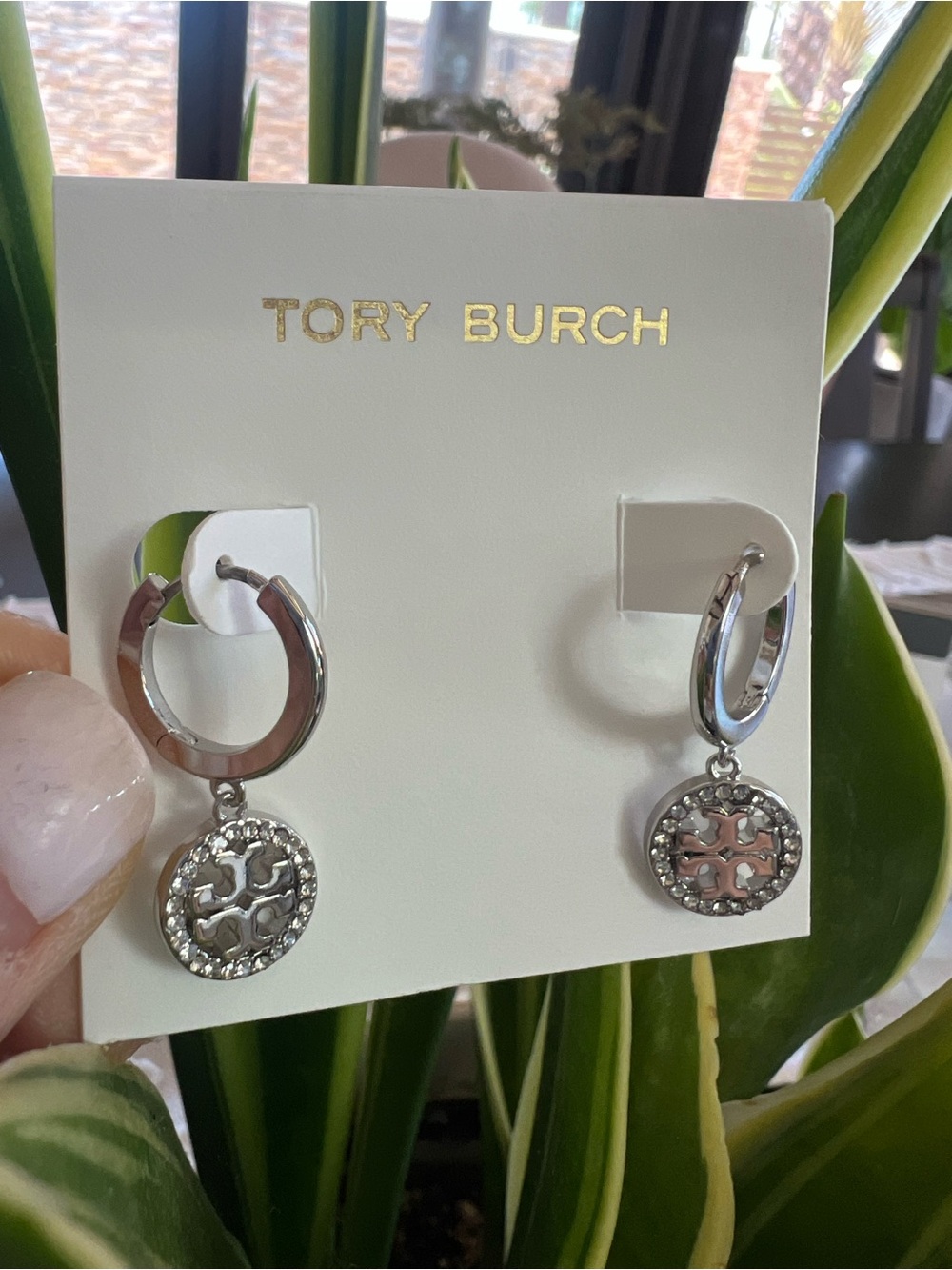Tory Burch Silver Logo Hoop Dangle Earrings with Crystal Accents